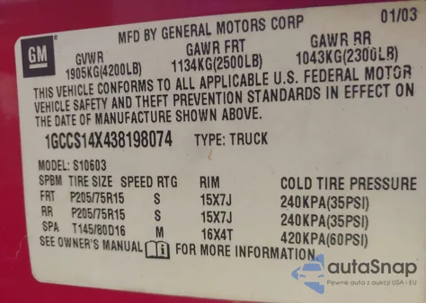 2003 Chevrolet S-10 S10 from USA, damaged, VIN 1GCCS14X438198074